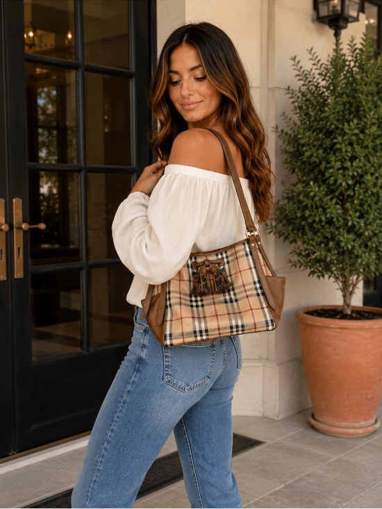 Burberry Handbags - Burberry Plaid Shoulder Bag with Brown Leather Trim and Tassels
